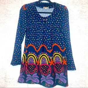 Hessi Retro BOHO Hippie Polka Dot Multi Colored Mixed Print Tunic Dress M